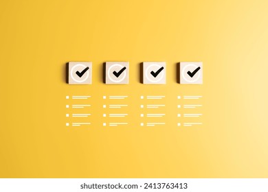 Checklist, Task list, To-do lists, Work confirmation check, or Quality Control. Goals achievement and business success. Check marks icons on wooden blocks and jobs list symbols on a yellow background.