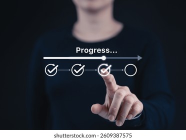 Checklist and task progress tracking concept. A person pointing at progress bar with checkmarks, task completion, productivity, workflow, goal setting, and efficient project management. loading bar,