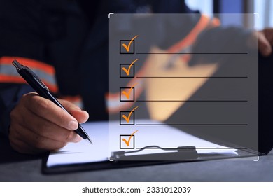 Checklist template with staff in reflective jacket background. Supervisor or shipping inspector checking item storage warehouse or cargo transportation to transport the goods to foreign countries. - Shutterstock ID 2331012039