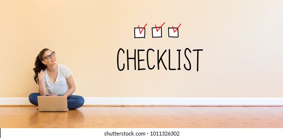 Checklist Text With Young Woman Using A Laptop Computer On Floor