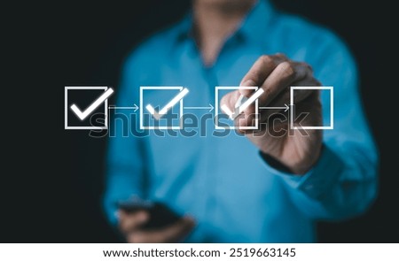 Checklist, Workflow Process for Quality Assurance. Marks checkboxes in digital checklist, step-by-step workflow process for quality assurance, document control, focusing on systematic task completion.