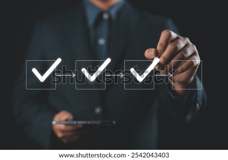 Checklist, Workflow Process for Quality Assurance. Marks checkboxes in digital checklist, step-by-step workflow process for quality assurance, document control, focusing on systematic task completion.
