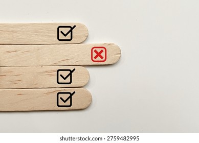 Checklist with wrong mark symbol, representing mistake, error, failure, and evaluation concept in business or decision making.