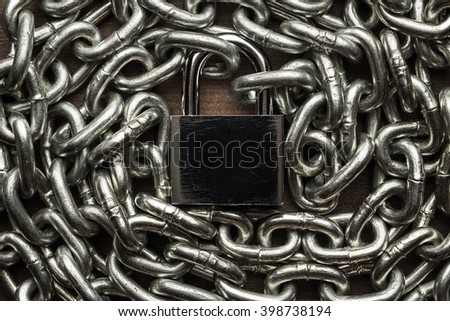 check-lock and chain on wooden background concept