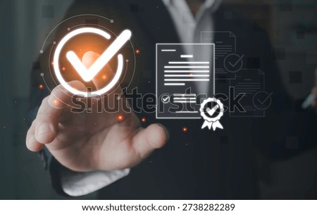 checkmark for digital approval and task completion. online procurement documents, contract warranties and licenses on mobile procurement devices for businesses and startups