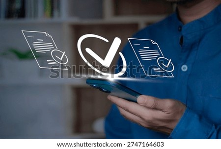 checkmark for digital approval and task completion. online procurement documents, contract warranties and licenses on mobile procurement devices for businesses and startups