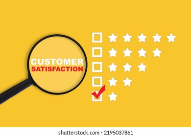 Checkmark On Poor Customer Satisfaction Survey With Magnifying Glass. Five Stars Feedback Concept And Customer Focus Idea