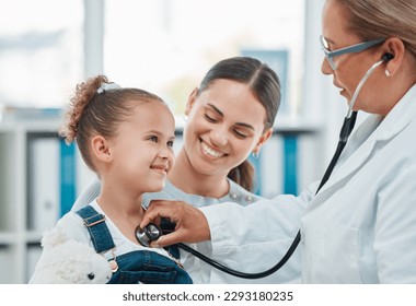 In for a checkup to ensure proper growth and development. a doctor examining a little girl with a stethoscope in a clinic. - Powered by Shutterstock