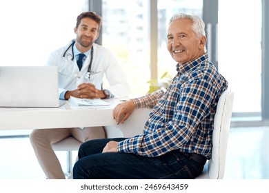 Checkup, healthcare or hospital with doctor and old man in office for consulting appointment. Medical, smile or trust with senior patient and medicine professional in clinic for professional medicare - Powered by Shutterstock