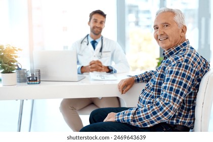 Checkup, hospital or medical with doctor and old man in office for consulting appointment. Healthcare, smile or trust with senior patient and medicine professional in clinic for professional medicare - Powered by Shutterstock