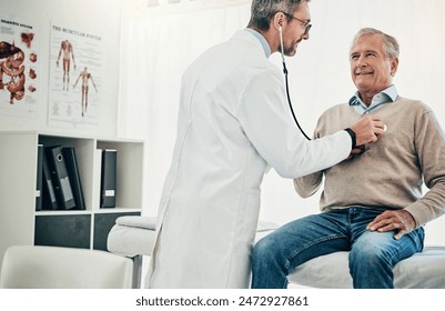 Checkup, man and doctor in office with stethoscope, help or advice in health insurance. Clinic, senior patient and medical professional on bed with support, heart rate and healthcare for hypertension - Powered by Shutterstock