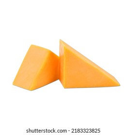 Cheddar Cheese Cube And Slice Isolated On Plain White Background Side View