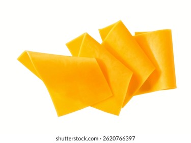 cheddar cheese cut into slices isolated on a white background, top view.