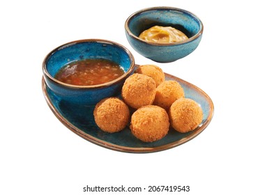 Cheddar Jalapeno Popper Bites - Crispy Cheese Jalapeno Bacon Bites. Fried Cheese Balls With Halopena On A White Isolated Background. Traditional Mexican Food