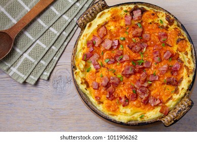 Cheddar Mashed Potato Casserole With Bacon. Baked Cheddar Potato Casserole. View From Above, Top, Horizontal