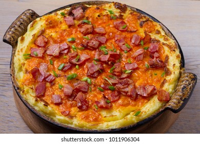 Cheddar Mashed Potato Casserole With Bacon. Baked Cheddar Potato Casserole. Horizontal