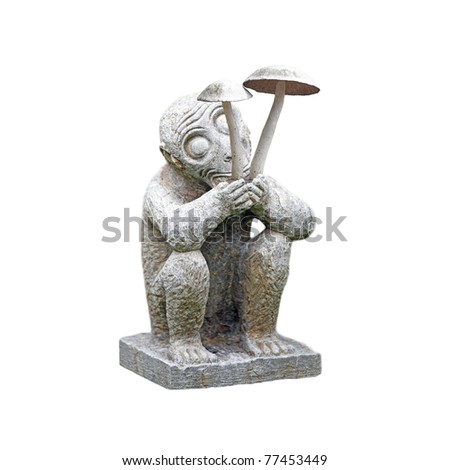 A cheeky stone humanoid holding a bunch of mushrooms in its hand isolated against white background.