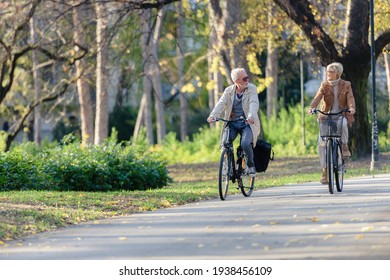 Cheerful active senior couple with bicycle in public park together having fun. Perfect activities for elderly people. Happy mature couple riding bicycles in park