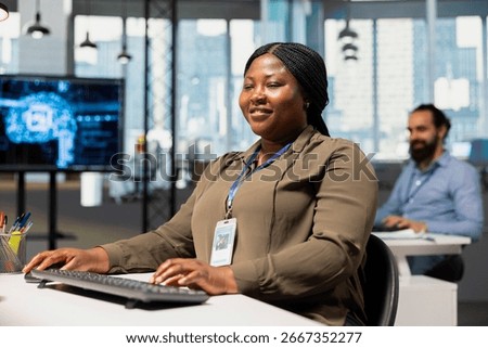 Cheerful admin speeding up tasks by following AI language model suggestions in office. Jolly IT professional relying on artificial intelligence LLM assistant to fix mistakes