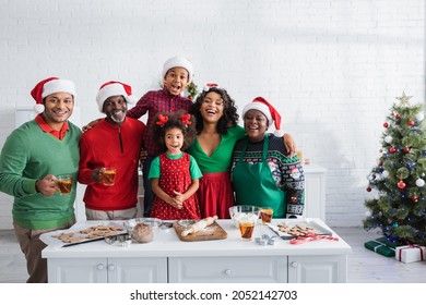 cheerful african american family in santa hats looking at camera while preparing christmas cookies in kitchen - Powered by Shutterstock