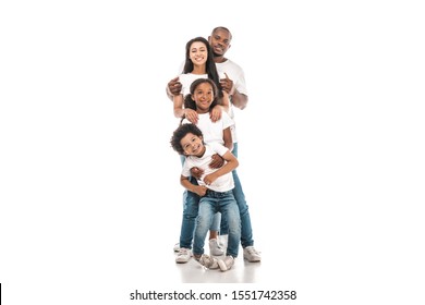 Cheerful African American Family Standing One Behind Other And Smiling At Camera On White Background