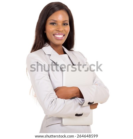 cheerful african business woman with laptop computer