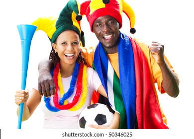 Cheerful African  Soccer Fan, Isolated On White