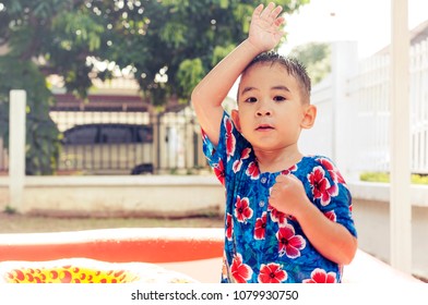 Cheerful Asian Cute Kid Dancing Baby Shark In Thai Traditional Costume Summer