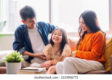 Cheerful Asian Family Play Tickle Parent Daughter Laugh Smiling Fun Happiness Together On Sofa In Living Room,relax Casual Family Activity After Packing Stuff For Home Moving Finish Home Moving Ideas 