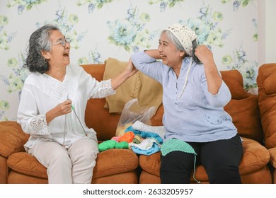 Cheerful Asian female friends knitting on sofa at home, Senior women knitting together in living room - Powered by Shutterstock - Get 15% off with code: PIKWIZARD15