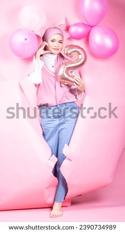 Similar – Image, Stock Photo cute girl near pink wall holding toy