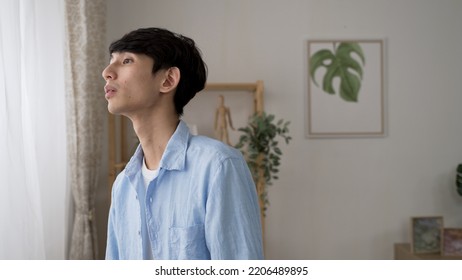 Cheerful Asian Young Man Leaving To Welcome His Friend After Looking Out The Window Waving Hi With Smile In A Modern Home Interior With Daylight