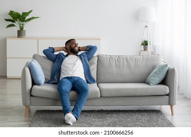 Cheerful attractive millennial african american male with beard sitting on couch and look at empty space in minimalist living room interior. Rest at home, break. Man enjoys weekend and free time