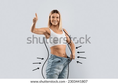 Cheerful attractive slim middle aged blonde woman wear huge jeans, showing thumb up, demonstrate results of diet, black body shape lines around well-fit lady, collage for slimming concept, copy space