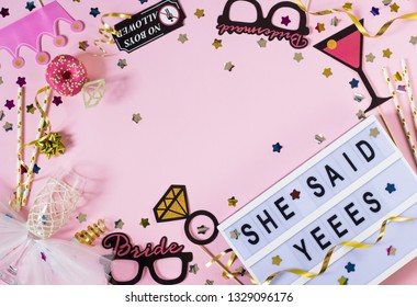 Cheerful Bachelorette Party Background With Confetti And Props Around She Said Yes Text. Concept Of Hen Party. Flat Lay