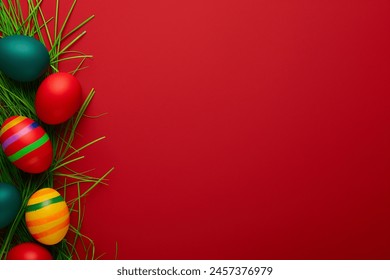 Cheerful background with hand-painted eggs for Easter on a red background.