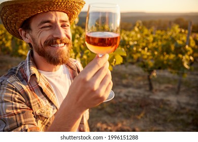 Cheerful bearded male farmer tasting rose wine from glass while standing near grape trees in vineyard - Powered by Shutterstock