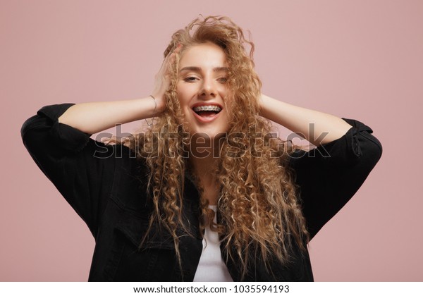 Cheerful Beautiful Girl Curly Hair Braces Stock Photo Edit Now
