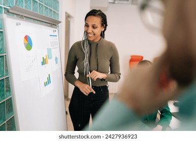 Cheerful black female team leader reporting about quarter work, shows diagram sales results using flip chart. African-American business coach give presentation for trainees, education mentoring. - Powered by Shutterstock