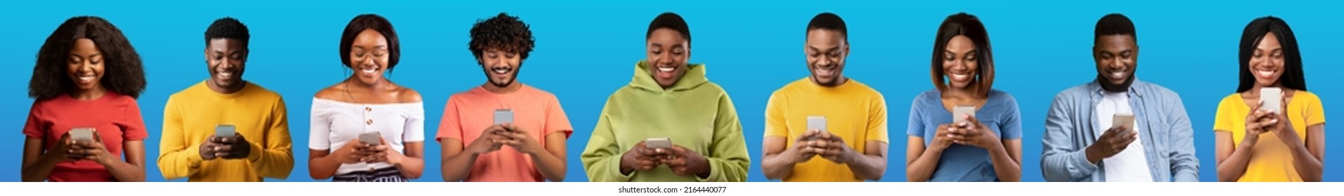 Cheerful Black Men And Women Using Smartphones While Standing Over Blue Background, Happy Young African American People Enjoying Mobile Communication Or Online Gaming, Collage, Panorama