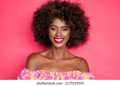 Cheerful Black Woman With Curly Hair