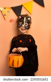 Cheerful Boy In Halloween Costume With Pumpkin Baskets For Candy, Wearing Cat's Mask For Holiday, Scary Decor For Party