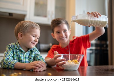 Cheerful Boy Preparing Breakfast For His Younger Sibling