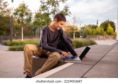 Cheerful Boy Using His Portable Computer Outside