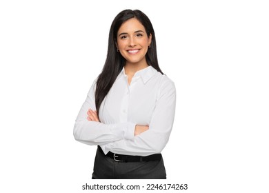 Cheerful brunette business woman student in white button up shirt, smiling confident and cheerful with arms folded, isolated on a white background