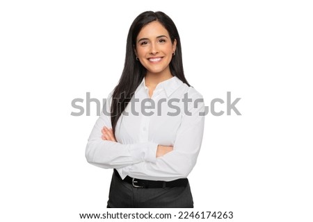 Photo of Cheerful brunette business woman student in white button up shirt, smiling confident and cheerful with arms folded, isolated on a white background
