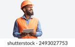 Cheerful Builder Holding Digital Tablet Smiling Looking Aside Posing On White Studio Background. Free Space, Panorama