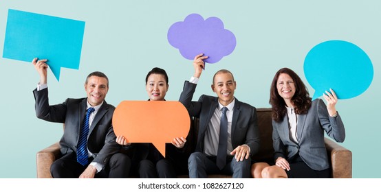 Cheerful Business People Holding Speech Bubble Icon