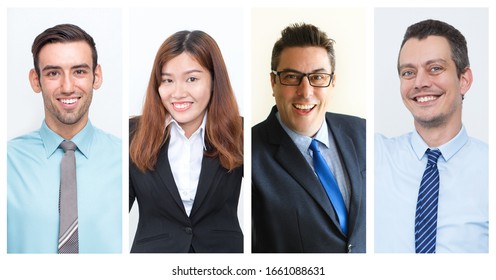 Cheerful Businesspeople Portrait Collage. Positive Business Men And Woman Wearing Office Suits. Multiscreen Montage, Split Screen Collage. Business Portraits Concept