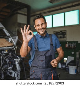 A cheerful car mechanic in a blue polo and overalls gives an okay sign while standing next to a car in a workshop, illustrating positive and professional service - Powered by Shutterstock